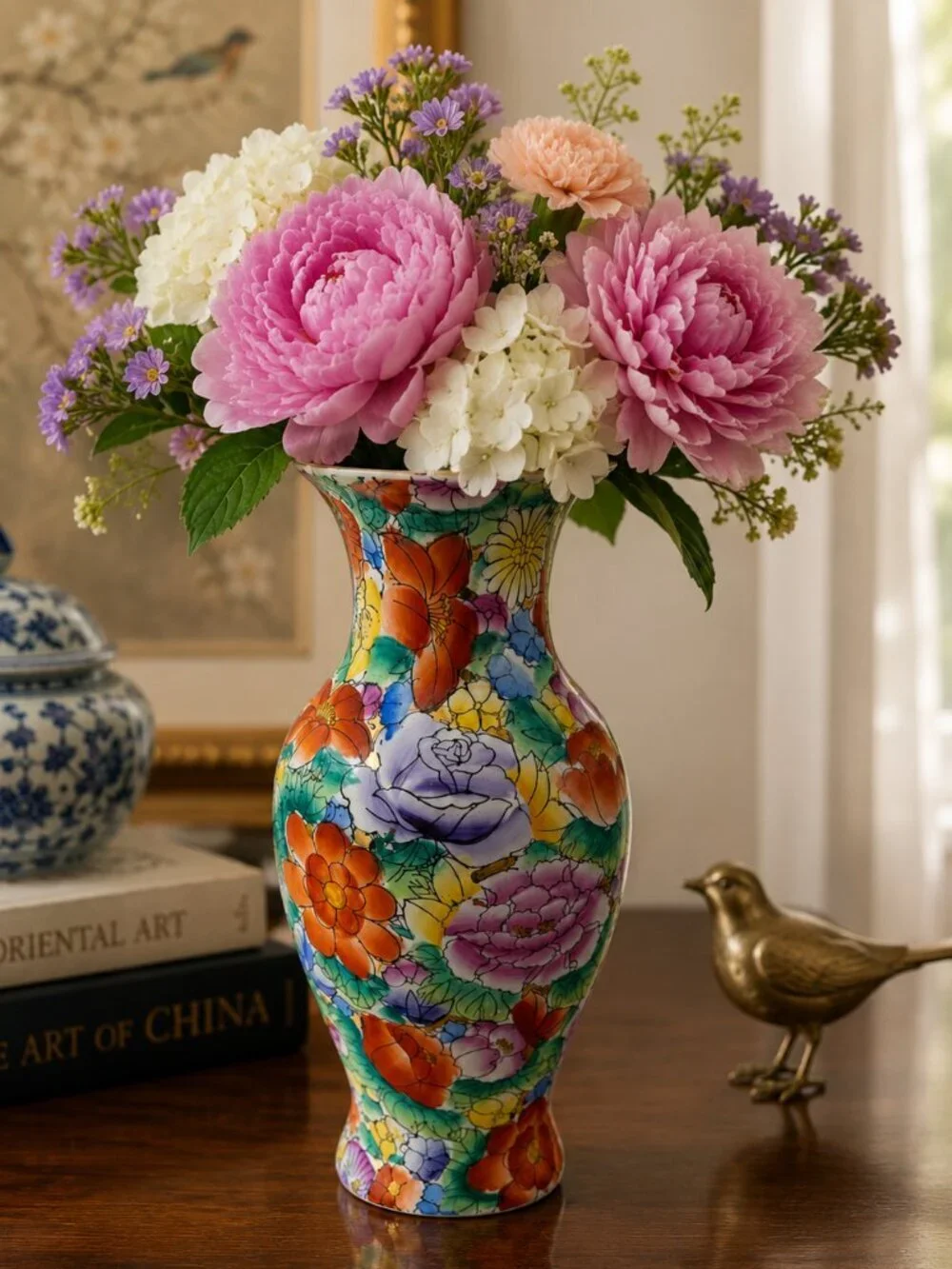 VTG Chinese Mille Fleur Rose Floral Porcelain Vase Hand Painted Gold Accents